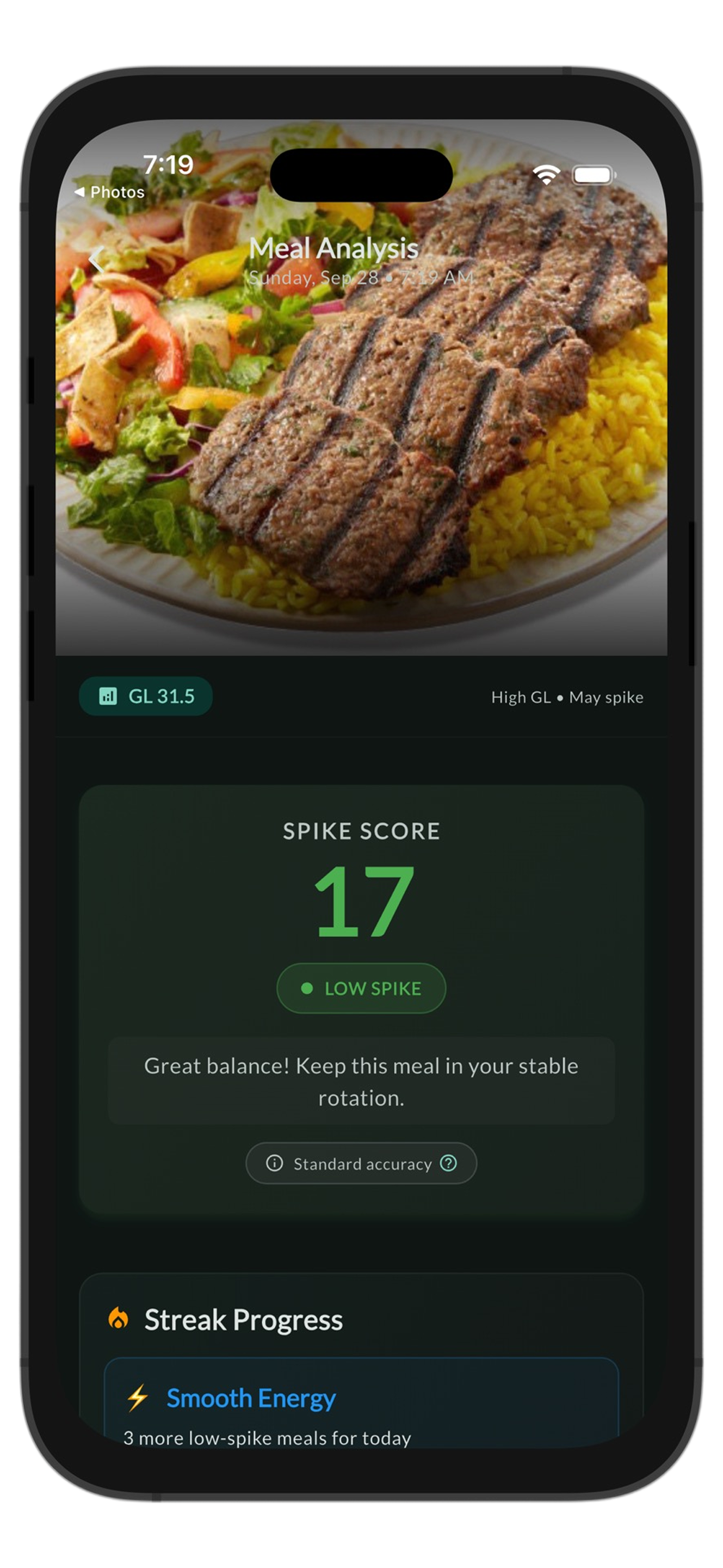 GlucoseGenius app showing meal analysis interface